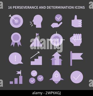 Set di icone di perseveranza e determinazione. Una raccolta di simboli che rappresentano obiettivi, risultati e il percorso della resilienza. Elementi essenziali per i temi motivazionali. Illustrazione vettoriale piatta Illustrazione Vettoriale