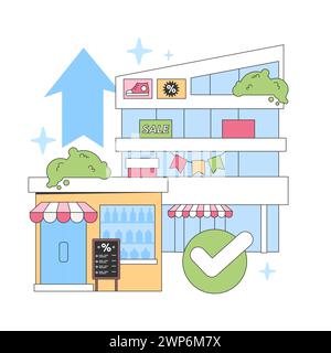 Retail Boost. Moderno edificio di negozi con articoli in vendita e cartellino sconto, con una grande freccia rivolta verso l'alto che indica la crescita e un segno di spunta che simboleggia il successo. Illustrazione vettoriale piatta Illustrazione Vettoriale