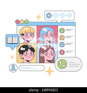 Piattaforma di video chat online con diversi partecipanti. Quattro utenti allegri in una conferenza digitale, chat di testo, profili utente e funzioni di riproduzione. Comunicazione e collaborazione moderne. Vettore piatto Illustrazione Vettoriale