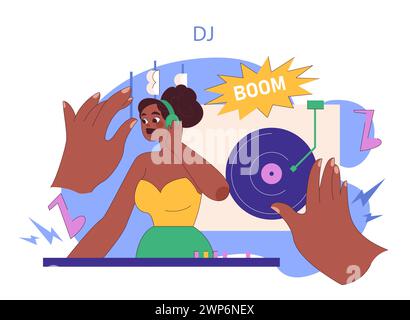 DJ dinamico al Party Concept. Cattura l'atmosfera energetica di un DJ set dal vivo. Musica e intrattenimento al suo apice. Le vibrazioni della pista da ballo prendono vita. Illustrazione vettoriale piatta Illustrazione Vettoriale