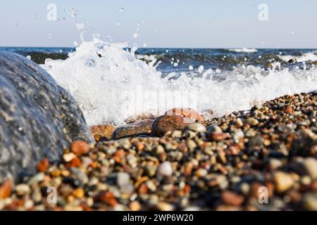 Ciottoli in riva al mare in primo piano. Una spiaggia rocciosa. Pietre in primo piano. Onde e ciottoli bagnati. Foto Stock