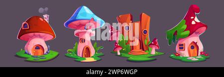 Piccolo elfo fantasy o casa animale in funghi e ceppo di alberi con finestre, porte e tetto. Set di illustrazioni vettoriali cartoni animati di GNOME magico fatato a casa. Grazioso e divertente cottage immaginario dell'habitat forestale. Illustrazione Vettoriale