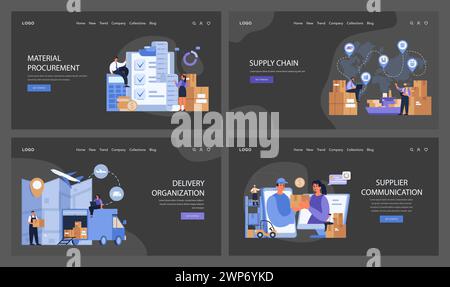 Set catena di approvvigionamento. Fasi complete della logistica, dalla produzione all'analisi del feedback. Flusso dei materiali ottimizzato, consegna efficace e controllo della qualità. Illustrazione vettoriale piatta Illustrazione Vettoriale
