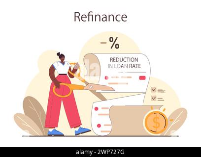 Processo di rifinanziamento. Riduzione del tasso di prestito agli accordi di prestito. Debito con tassi di interesse migliori. Prestito immobiliare, mutuo immobiliare. Illustrazione vettoriale piatta Illustrazione Vettoriale