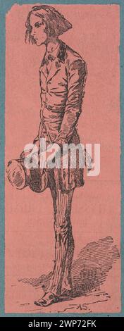Incisione in legno caricatura (1879-1883) di AS., raffigurante un uomo sottile che regge un cilindro, enfatizzando proporzioni esagerate e caratteristiche satiriche. Foto Stock