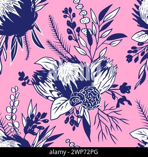 Motivo senza cuciture con fiori protea blu e bianchi su sfondo rosa Illustrazione Vettoriale