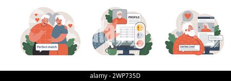 Set per incontri senior. Una coppia di anziani trova l'amore, crea profili online, esprime emozioni e si impegna nella conversazione digitale. Corrispondenza perfetta, classificazione degli utenti, interazione con chat di incontri. Vettore piatto Illustrazione Vettoriale