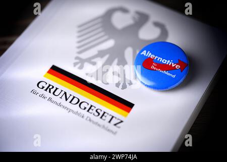 Parteianstecker der AfD auf dem deutschen Grundgesetz, Symbolfoto für die AfD-Verbotsdebatte Foto Stock