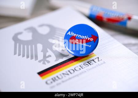 Parteianstecker der AfD auf dem deutschen Grundgesetz, Symbolfoto für die AfD-Verbotsdebatte Foto Stock