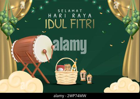 Composizione decorativa islamica con tamburo tradizionale in 3d realistico e illustrazione vettoriale ketupat, Eid Mubarak Template Illustrazione Vettoriale