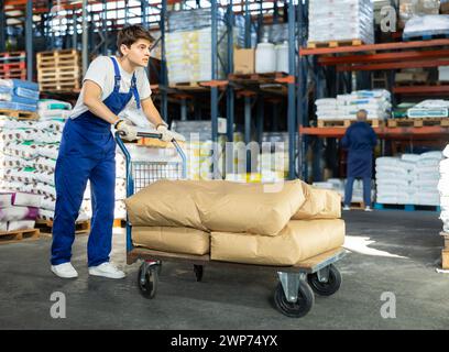 Il giovane tira il carrello con le borse in magazzino Foto Stock