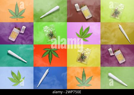 FOTOMONTAGE, Collage von Hanfblatt, Joint, Feuerzeug und Cannabis-Tütchen mit Rauch Foto Stock