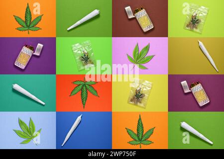 FOTOMONTAGE, Collage von Hanfblatt, Joint, Feuerzeug und Cannabis-Tütchen Foto Stock