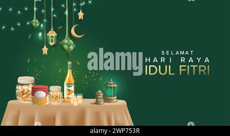 Composizione decorativa islamica con tamburo tradizionale in 3d realistico e illustrazione vettoriale ketupat, Eid Mubarak Template Illustrazione Vettoriale