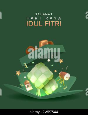 Composizione decorativa islamica con tamburo tradizionale in 3d realistico e illustrazione vettoriale ketupat, Eid Mubarak Template Illustrazione Vettoriale
