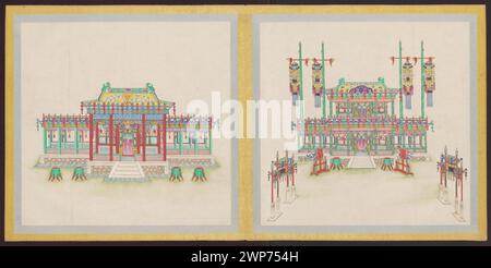 "Disegni decorativi di corte del 1846-1855, che mostrano motivi cerimoniali, ornamenti artistici e composizioni visive utilizzate negli eventi ufficiali europei della fine del XIX secolo." Foto Stock
