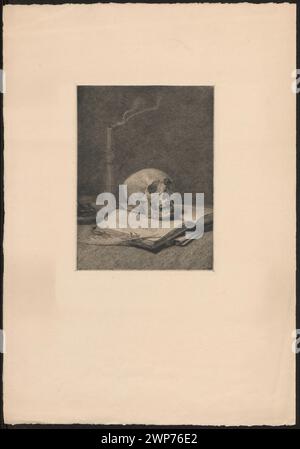 Natura morta con teschi, libri, piume d'oca e candele di Ignacy Łopieński (1865-1941), 1905, che rappresenta lo stile e il simbolismo della giovane Polonia nella collezione grafica polacca. Foto Stock