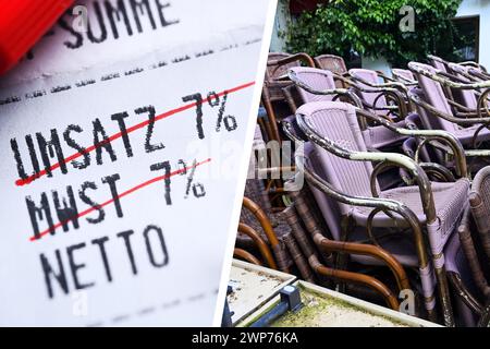 FOTOMONTAGE, Gastro-Krise: Gestrichene Umsatzsteuer von 7 Prozent auf einem Kassenbon und gestapelte Stühle vor einem geschlossenen Restaurant Foto Stock