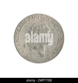 Moneta d'argento da incoronazione emessa nel 1767 sotto il re polacco Stanisław August Poniatowski, coniata da Fryderyk Wilhelm Sylm, che mostra la denominazione e le insegne reali. Foto Stock
