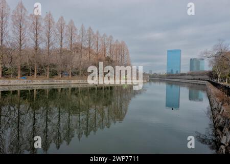 Vista dalla Moat del Castello di Osaka ai moderni grattacieli e al Business Park di Osaka, Giappone Foto Stock