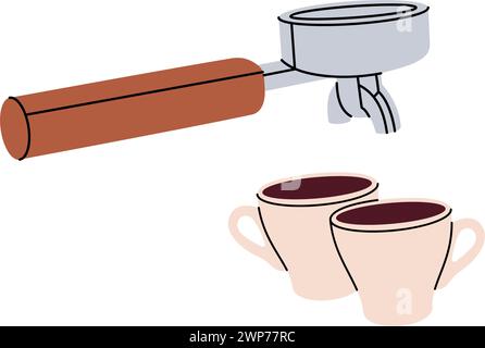 Portafiltro per caffè con tazze da caffè. Elementi disegnati a mano per il menu' da caffe' e caffetteria. Illustrazione vettoriale. Illustrazione Vettoriale