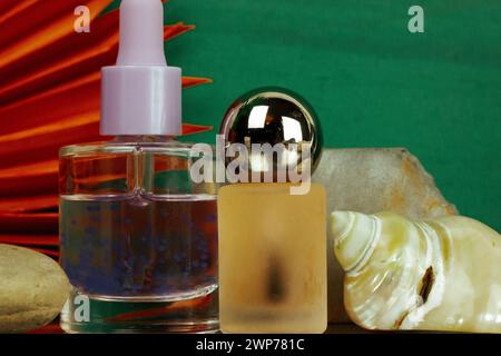 Prodotti per il trucco e conchiglia su sfondo verde. Prodotti di bellezza su un podio di pietra. Flacone per siero con olio essenziale, profumo. Stile di vita femminile. Foto Stock