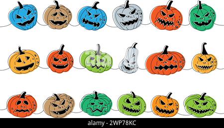 Facce di zucche di halloween in autunno. Le zucche di Halloween affrontano una linea colorata disegno continuo. Illustrazione continua di verdure autunnali su una riga. Illustrazione Vettoriale