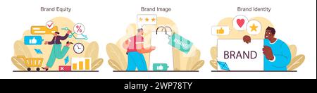 Set di posizionamento del marchio. Esplorare i concetti di brand equity, immagine e identità. Visualizzazione del valore, della percezione e del cuore delle strategie di branding. Illustrazione vettoriale piatta Illustrazione Vettoriale