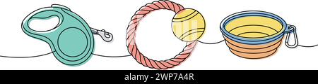 Set di forniture per animali domestici disegno continuo a una linea colorata. Metro a nastro con guinzaglio, guinzaglio retrattile, giocattolo da masticare, ciotola portatile con una linea continua Illustrazione Vettoriale