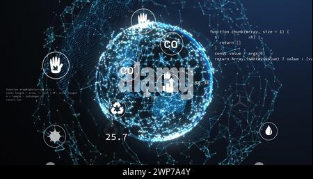 Immagine della rete di connessioni con icone e globo su sfondo blu Foto Stock