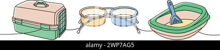 Accessori per animali domestici disegno continuo a una riga colorata. Custodia per il trasporto, gabbia, doppia ciotola per cani, WC per animali domestici, scatola per lettiera, illustrazione continua su una linea. Illustrazione Vettoriale