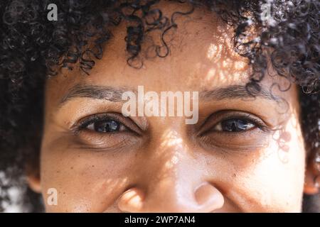 Primo piano di una donna birazziale con capelli ricci e occhi marroni Foto Stock