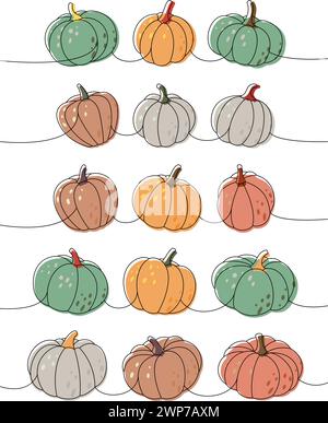 Zucche autunnali. Zucche una linea colorata disegno continuo. Verdure di halloween autunnali illustrazione continua a una riga. Illustrazione vettoriale. Illustrazione Vettoriale