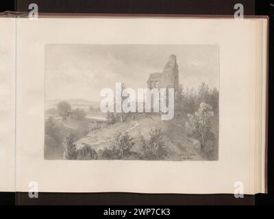 1860 disegno di Alfred Schouppé delle rovine del castello di Melsztyn nella piccola Polonia, che mostra alberi e paesaggi circostanti. Parte della collezione della società di Varsavia per l'incoraggiamento delle Belle Arti. Foto Stock
