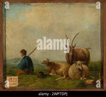 dipinto del xix secolo raffigurante un pastore con pecore e capra in un pascolo vicino all'acqua, che mostra paesaggi rurali e naturali. Foto Stock