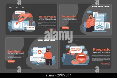 Programma fedeltà impostato. Vantaggi per i membri VIP, aumento dei premi in un sistema a più livelli. Procedura di riscatto dei punti. Vantaggi per l'iscrizione dei clienti, opportunità di sconto esclusive. Illustrazione vettoriale piatta Illustrazione Vettoriale