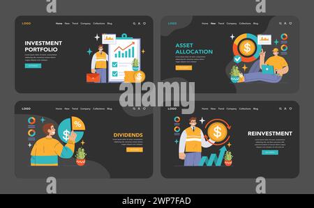 Reinvestimento del Web o del set di atterraggio in modalità buia o notturna. Professionisti che si occupano della crescita finanziaria, dei dividendi e degli interessi composti. Gestione del portafoglio, plusvalenze. Illustrazione vettoriale piatta. Illustrazione Vettoriale