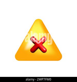Segnale di avvertimento giallo 3D con illustrazione del vettore a croce rosso. Segnale di avvertimento forma triangolare, avviso vietato. Illustrazione Vettoriale