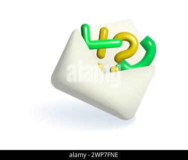 Busta lettera 3d aperta con domanda, punto esclamativo e segni di spunta, illustrazione vettoriale del telefono. Modello di notifica del messaggio. Illustrazione Vettoriale