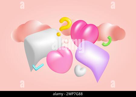 bolla 3d con cuori, nuvole e disegni vettoriali. Banner Web di San Valentino. Illustrazione Vettoriale