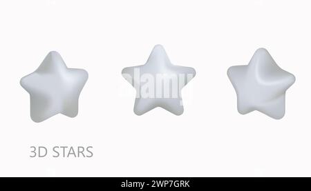 Icone a stella 3D argento o platino con disegno vettoriale. Set di simboli per dispositivi mobili, Web, classifiche o premium. Illustrazione Vettoriale