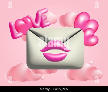 busta per posta bianca 3d con cuori rosa e illustrazione vettoriale delle labbra. Nuvole, baci e lettera amore. Design realistico per San Valentino e la festa della mamma, sposata Illustrazione Vettoriale