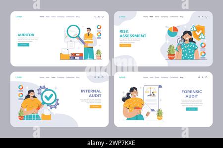 Set di controllo. Professionisti che valutano i dati finanziari. Valutazione interna ed esterna, controlli di conformità. Controllo forense, analisi dei rischi. Revisioni del bilancio. Illustrazione vettoriale piatta Illustrazione Vettoriale