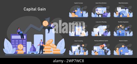 Guadagno capitale impostato in modalità buia o notturna. Migliorare la crescita finanziaria attraverso investimenti strategici. Metodi per aumentare la ricchezza, assicurare le risorse e garantire la prosperità futura. Illustrazione vettoriale piatta. Illustrazione Vettoriale