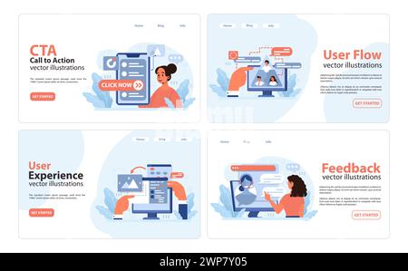 Esperienza utente impostata. Immagini dell'interazione Web. Richieste di intervento, diagrammi di flusso utente, sessioni di feedback. Componenti dell'interfaccia dinamica. Illustrazione vettoriale piatta Illustrazione Vettoriale