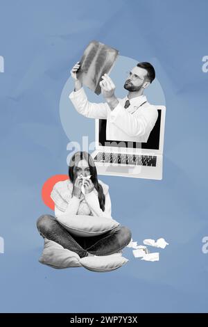 Immagine fotografica collage di medico professionista che osserva la fluoroscopia a raggi X isolata su sfondo creativo Foto Stock