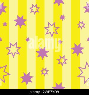 Motivo senza cuciture con stelle rosa su sfondo giallo. Motivo a stella per la stampa. Illustrazione Vettoriale
