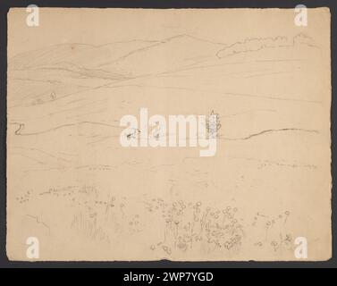 Pittura di un paesaggio montagnoso vicino a Bernau im Schwarzwald di Hans Thoma, che mostra colline ondulate, prati e contorni di alberi sul verso, creato tra il 1890 e il 1900. Foto Stock