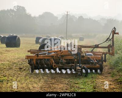 Amo i piloni elettrici; trovo le loro forme astratte, gaunt infinitamente affascinanti. Qui ne vediamo uno che domina il paesaggio in un campo in Lower Rad Foto Stock