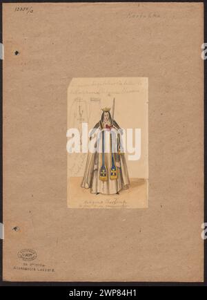 Kartuska Nun in un vestito solenne di Aleksander Lesser (1814-1884) raffigura una suora in un abbigliamento religioso formale, con schizzi di due donne e un giovane uomo. L'opera rappresenta la vita monastica femminile cistercense polacca del XIX secolo e l'abbigliamento clericale. Foto Stock